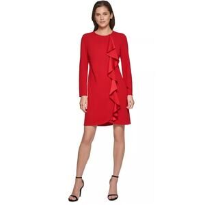 DKNY Cascading Ruffle Long Sleeve Cocktail Mini Dress Womens Size 10 Red New